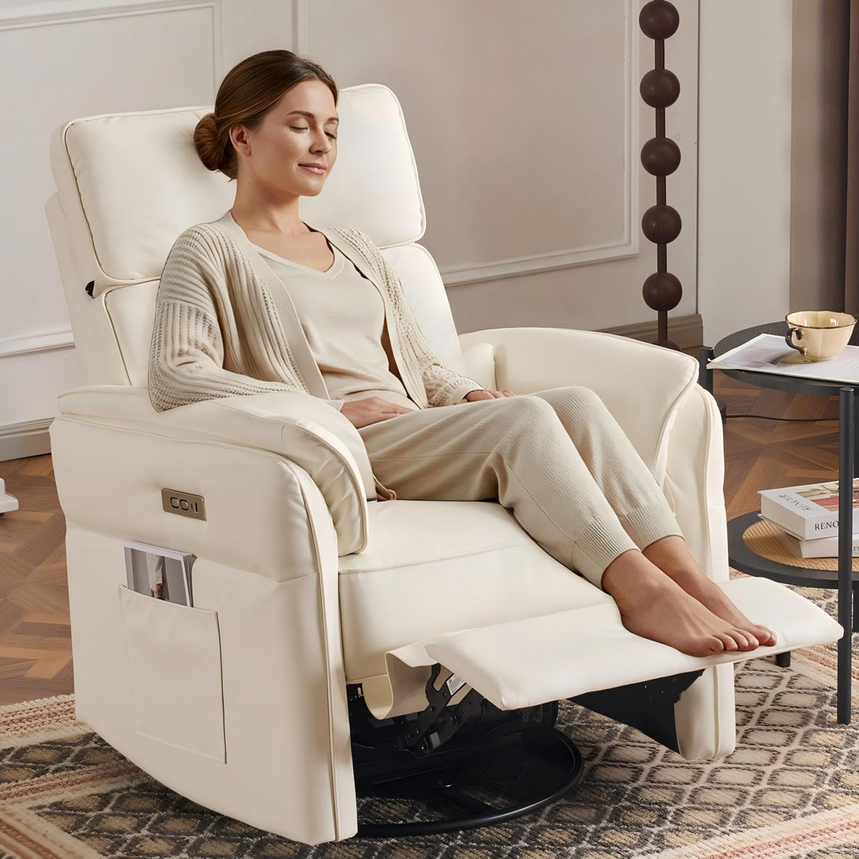 Power Recliner Rocking Chair Nursery Gliders with Adjustable Armrests and Headrest, Swivel Electric Glider Reclining Nursing Chair with USB Port and Storage Bags, FSC Certified(Leather, Beige) MELLCOM