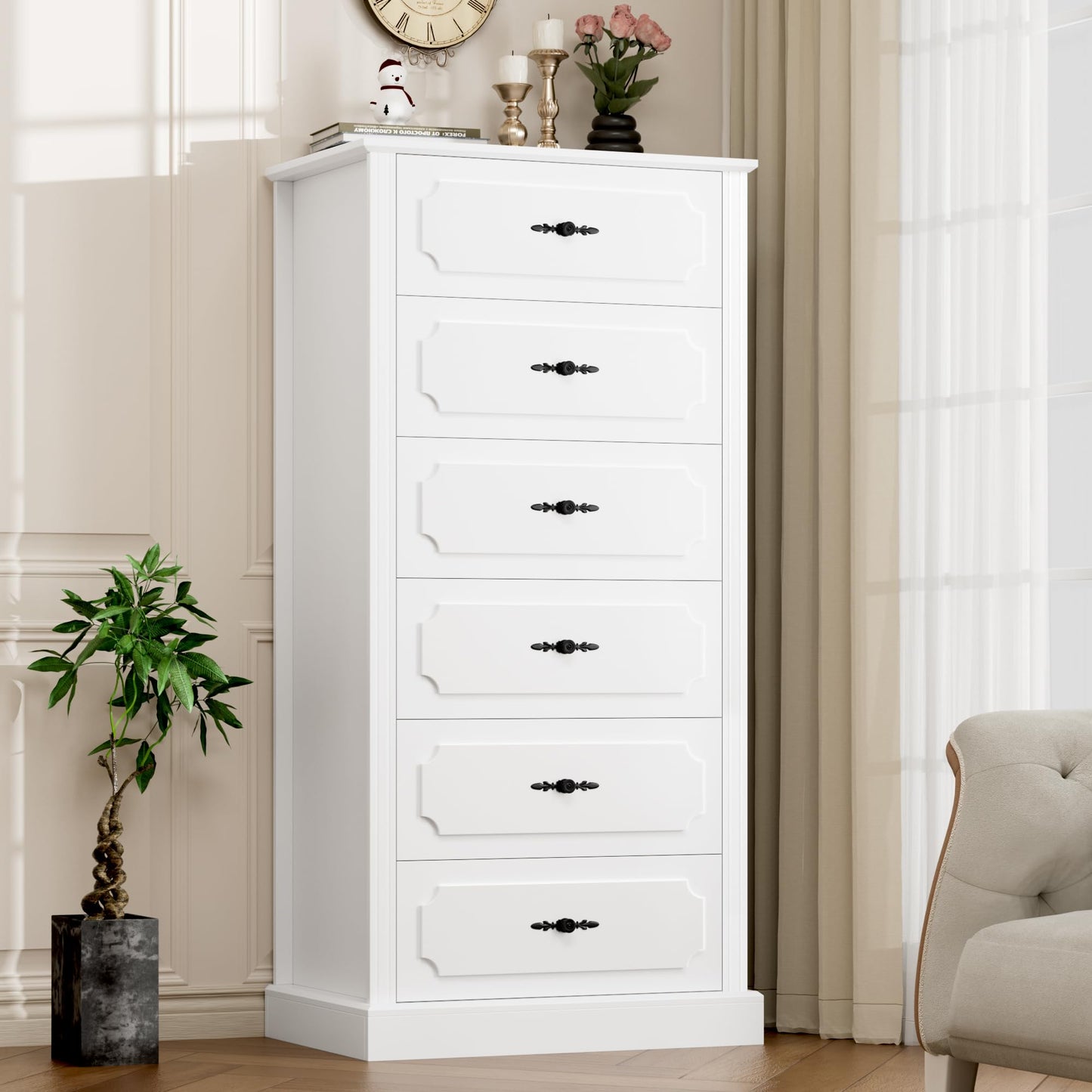 finetones 6 Drawer White Dresser, 51" Tall White Dresser Chest of Drawers, Tall Dresser White 6 Drawer Dresser with Large Storage Space, Modern Storage Chest of Drawers, Super Stable Base - WoodArtSupply