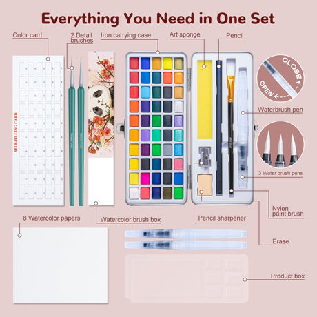 botkc Watercolor Paint Set, Portable Travel Water Color Kit with 6 Brushes, 8 Watercolor papers, Palette and Accessories, Non-Toxic Art Supplies Gift for Kids, Adults, Artists and Hobbyists botkc