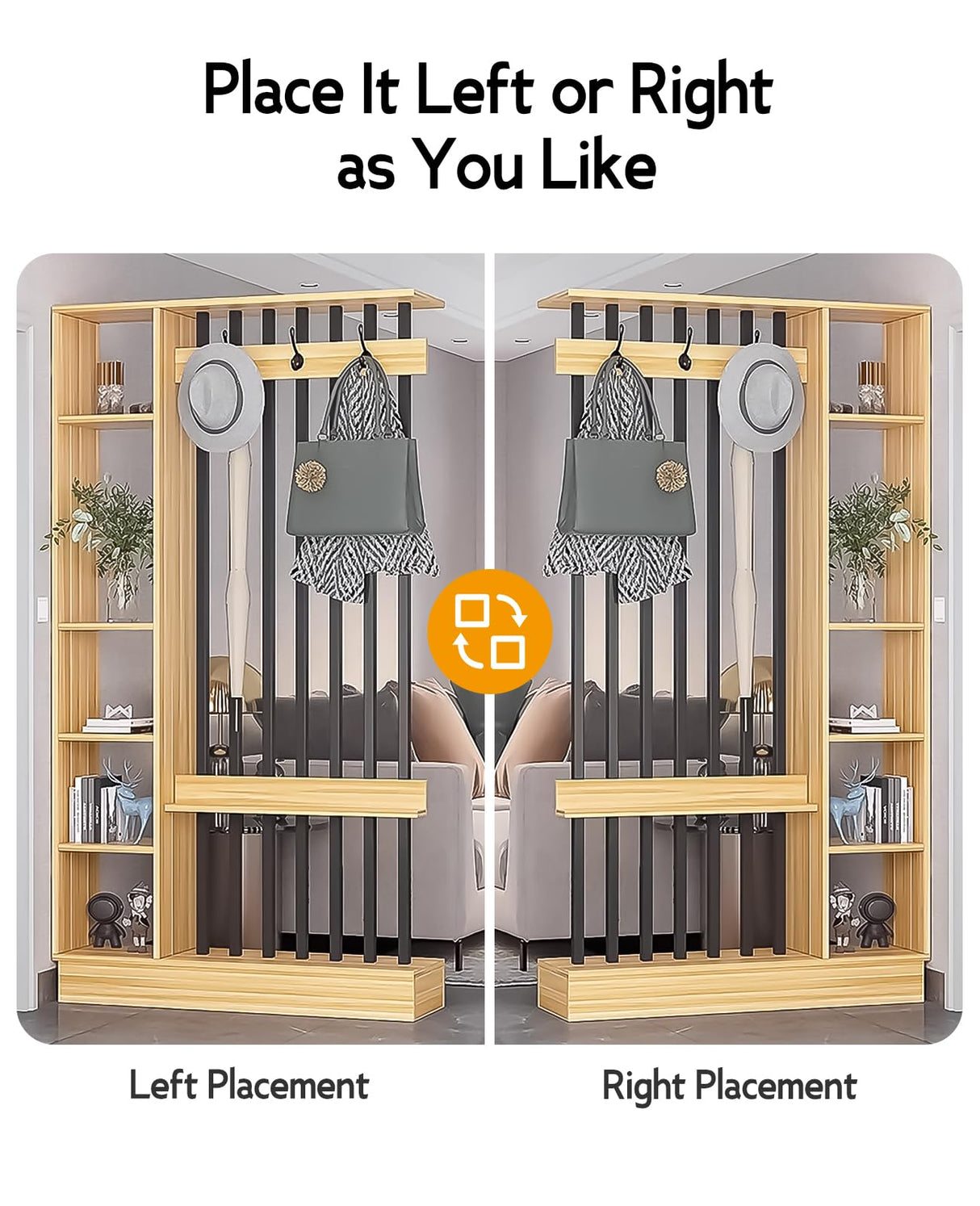 Wall Room Divider, Modern Freestanding Wood Room Divider Screen with Coat Rack Cabinet and Display Shelf for Home Office Decorative (Khaki,39.5" L x 11.8" W x 79" H) Kavie