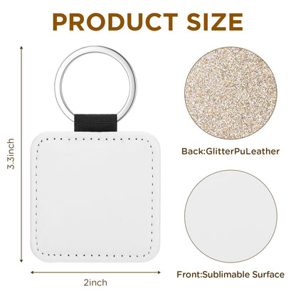 Equsion 16 Pcs Sublimation Blanks Keychain Glitter PU Leather Keychain Heat Transfer Keyring for DIY Crafts Making (Square)