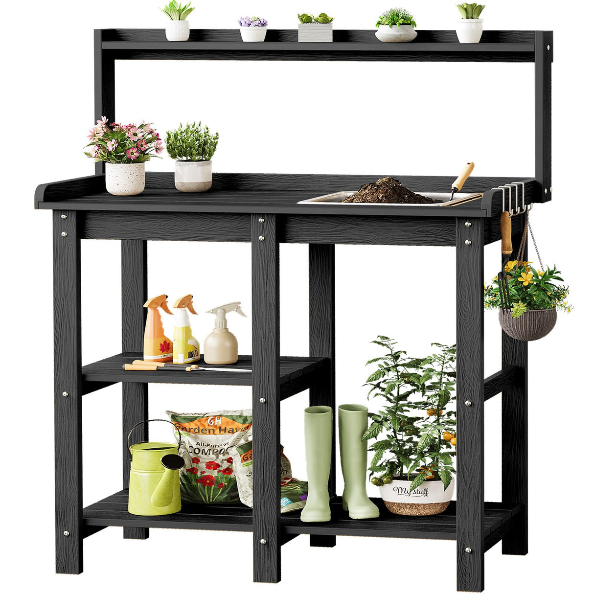 ONBRILL Potting Bench, Outdoor Potting Bench Table with Removable Sink, HDPS Potting Benches for Outside, Garden Table with Storage Shelves & 4 Side Hooks, No Rot, No Fade, No Break, 360lbs Capacity ONBRILL