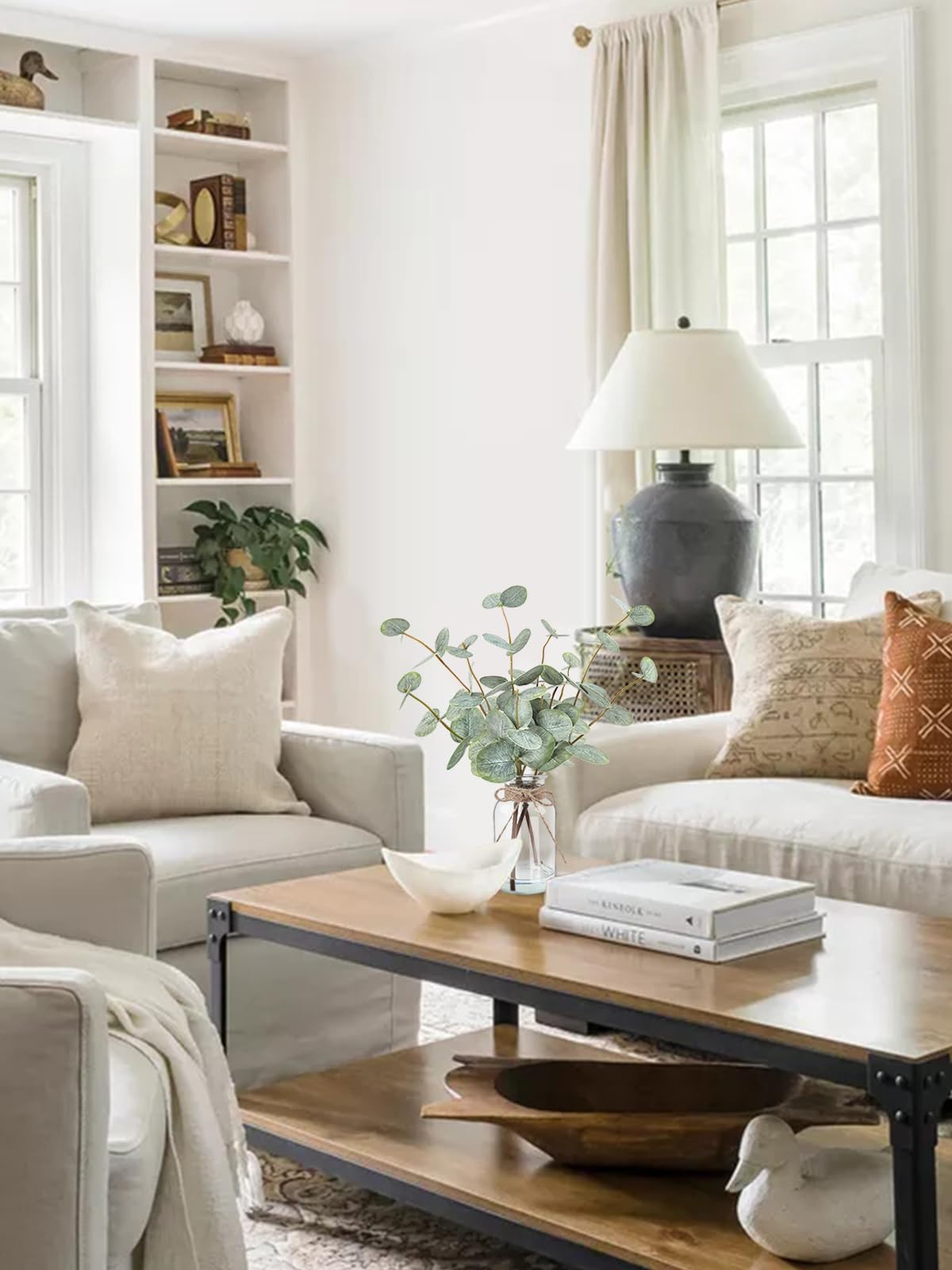 Bessol Artificial Eucalyptus Stems in Glass Vase with Faux Water, 13.5” Fake Plants for Home Decor, Coffee Table Centerpieces, Office, Bathroom & Farmhouse Weddings - Faux Greenery Plants Decorations Bessol