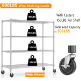 Himimi 72" H Storage Shelves 4 Tier Metal Shelving Adjustable Wire Shelf with Wheels, Heavy Duty Shelving for Garage Kitchen Pantry Bathroom Laundry,18" D*48" W*72" H, Silver Himimi