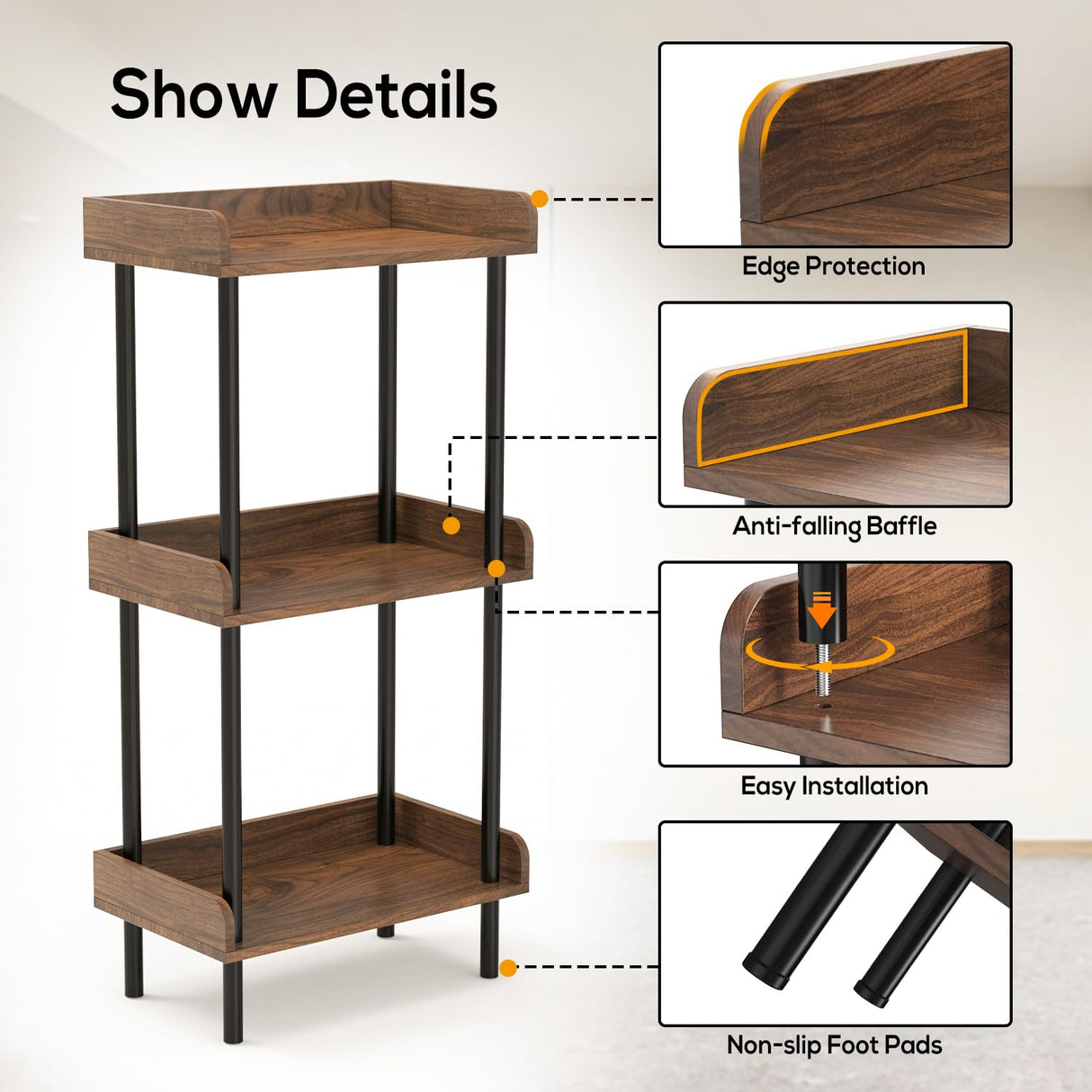 Daiumulti Bookshelf, 3 Tier Bookcase, Industrial Small Book Shelf, Rustic Brown Bookshelf, Metal Display Shelf Storage Organizer for Living Room, Bedroom& Home Office Daiumulti