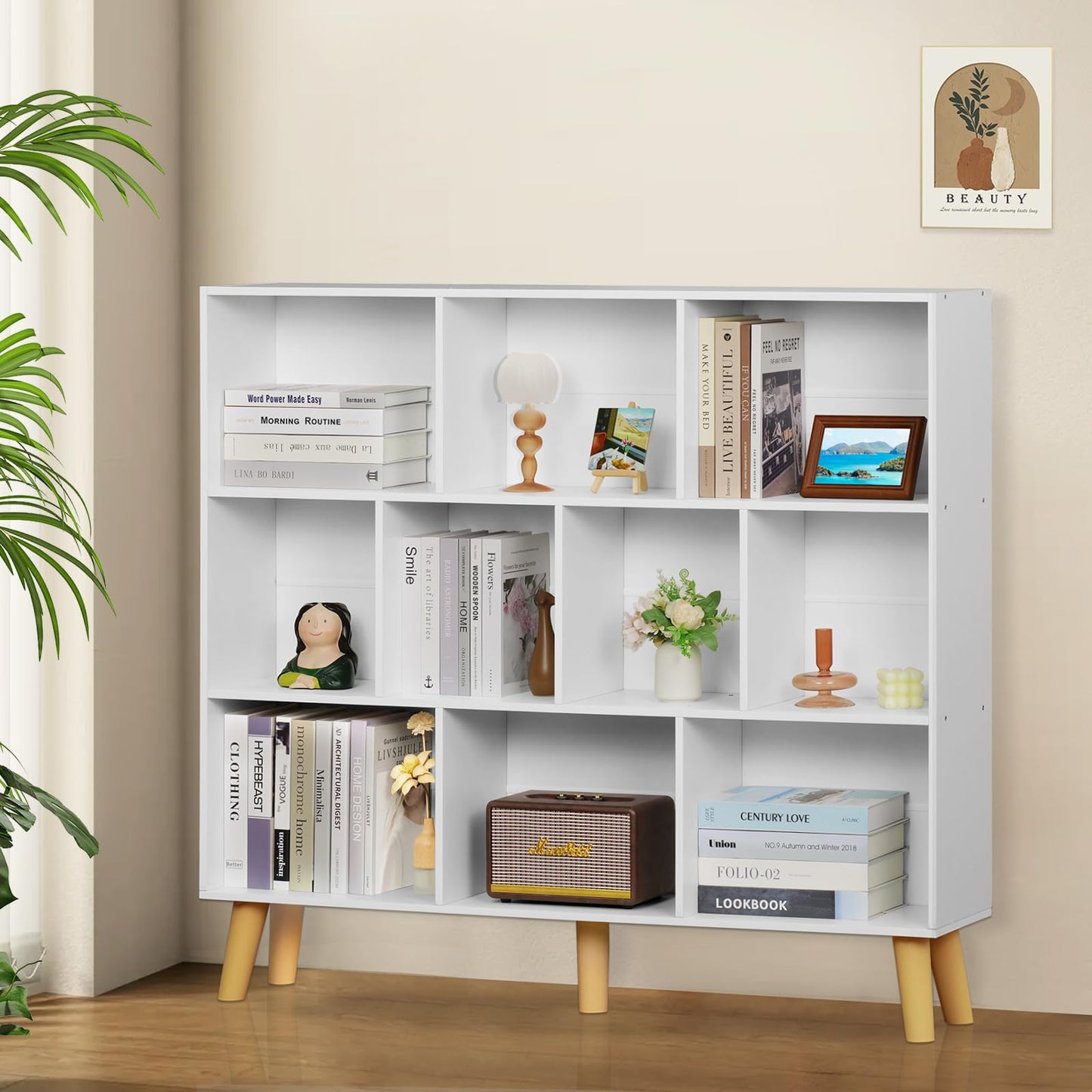 YAHARBO Modern White 10-Cube 3-Tier Bookshelf with Legs for Stylish Storage