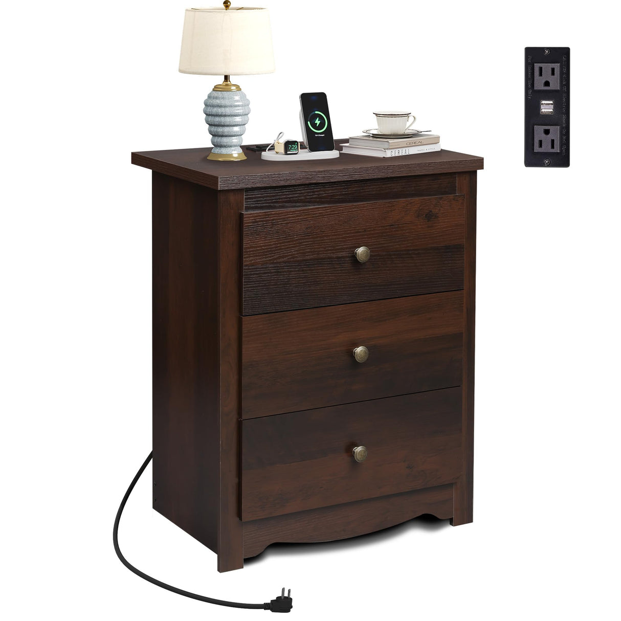 WLIVE Tall Nightstand with Charging Station, Wood Nightstand with 3 Drawers, Side Table for Bedroom, Dorm, End Table with 2 USB Ports and 2 AC Outlets, Bedside Table, Espresso WLIVE