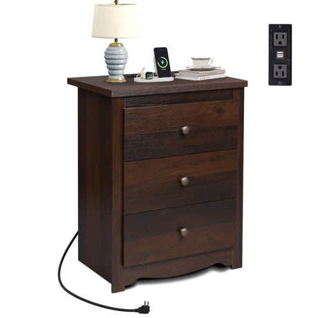 WLIVE Tall Nightstand with Charging Station, Wood Nightstand with 3 Drawers, Side Table for Bedroom, Dorm, End Table with 2 USB Ports and 2 AC Outlets, Bedside Table, Espresso WLIVE
