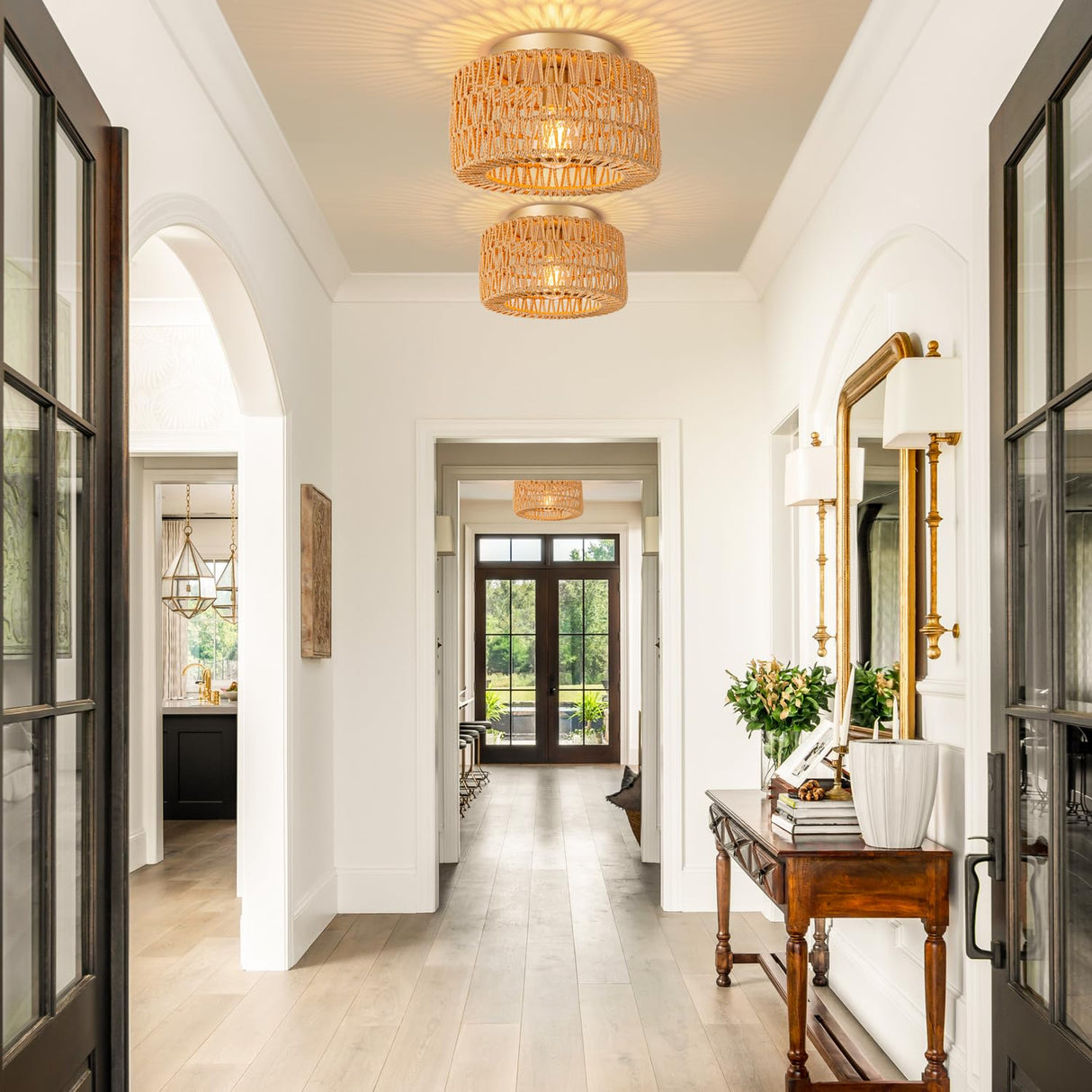 SineRise Rattan Ceiling Light Fixtures (12-Inch, LED Bulb Included), Hand-Woven Boho Flush Mount Ceiling Light, Rattan Chandelier for Hallway Kitchen Farmhouse Foyer Entryway Living Room(Gold) SineRise