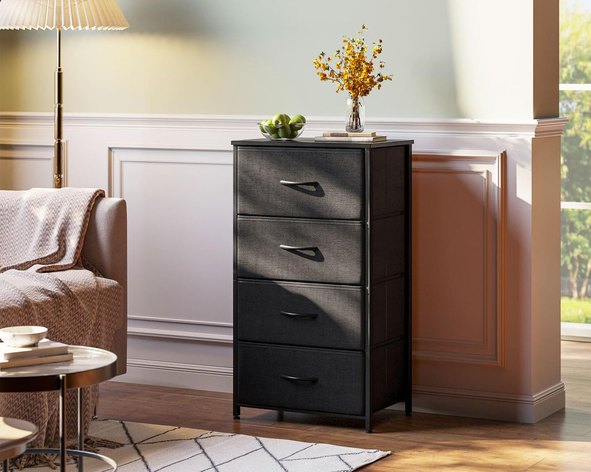 AODK Dresser for Bedroom with 4 Storage Drawers, Small Dresser Chest of Drawers Fabric Dresser with Sturdy Steel Frame, Black AODK