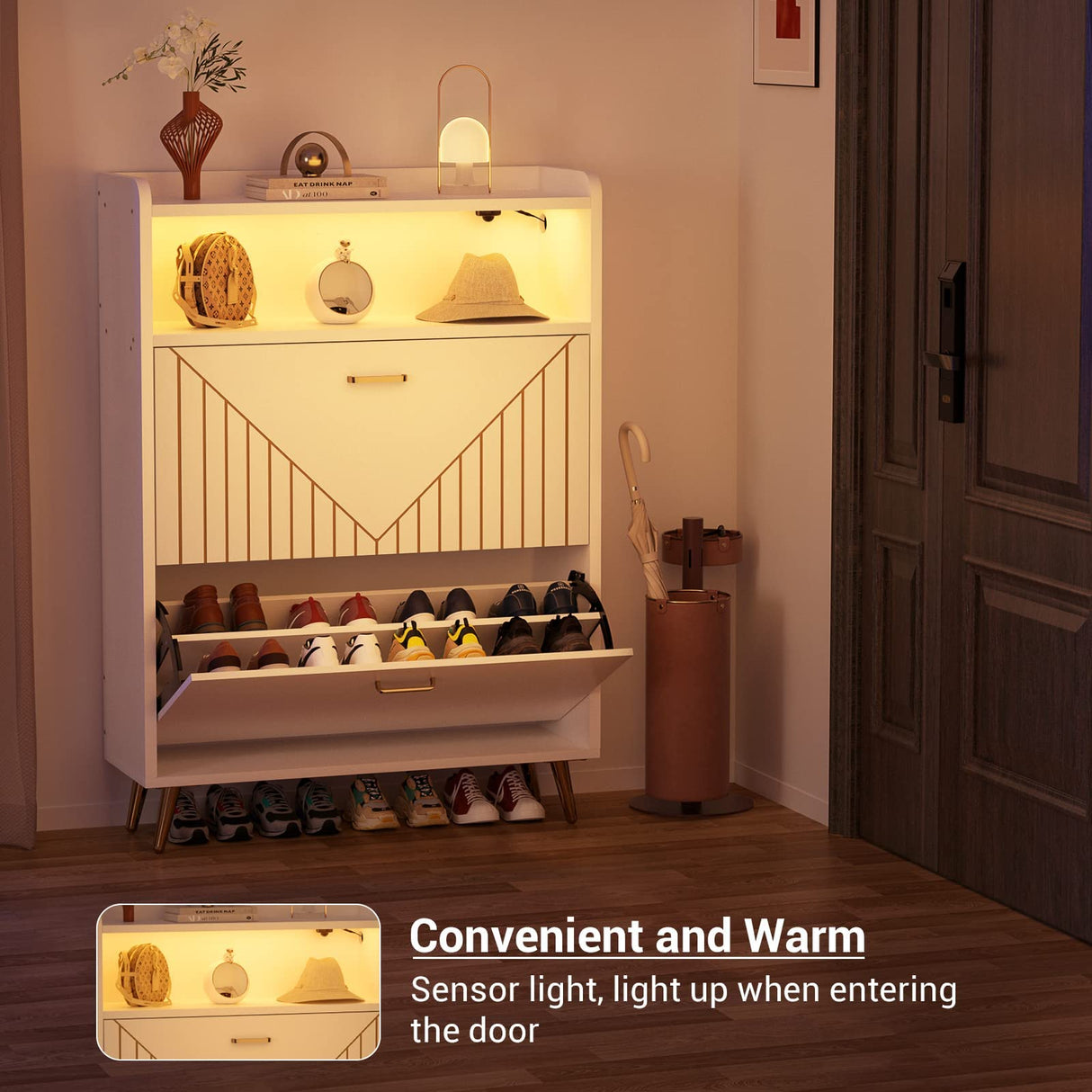 Aheaplus Shoe Cabinet with Flip Doors, Shoes Storage Organizer with Motion Sensor Led Light, Entryway Wood Freestanding Tipping Bucket Shoe Rack with Open Shelves for Closet, Living Room, White Aheaplus