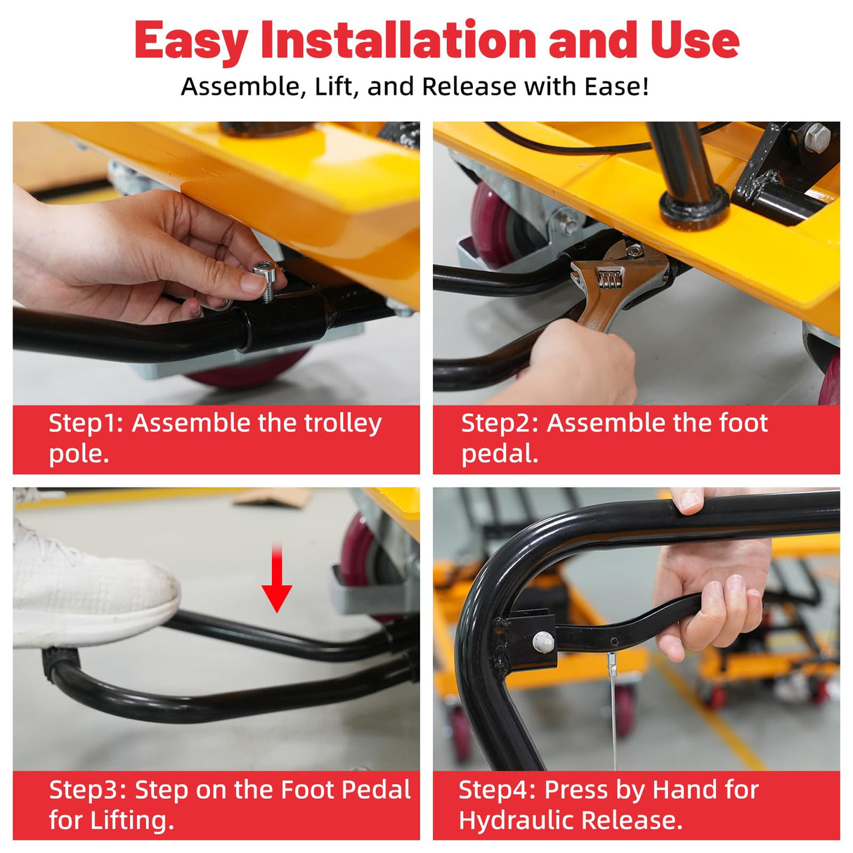 ZKH Hydraulic Lift Cart, 2200lb Capacity, 38" Max Lifting Height, Single Scissors Lift Table with Locking Wheels and Overload Bar for Safe Operations, Ideal for Material Handling and Freight Lifting ZKH