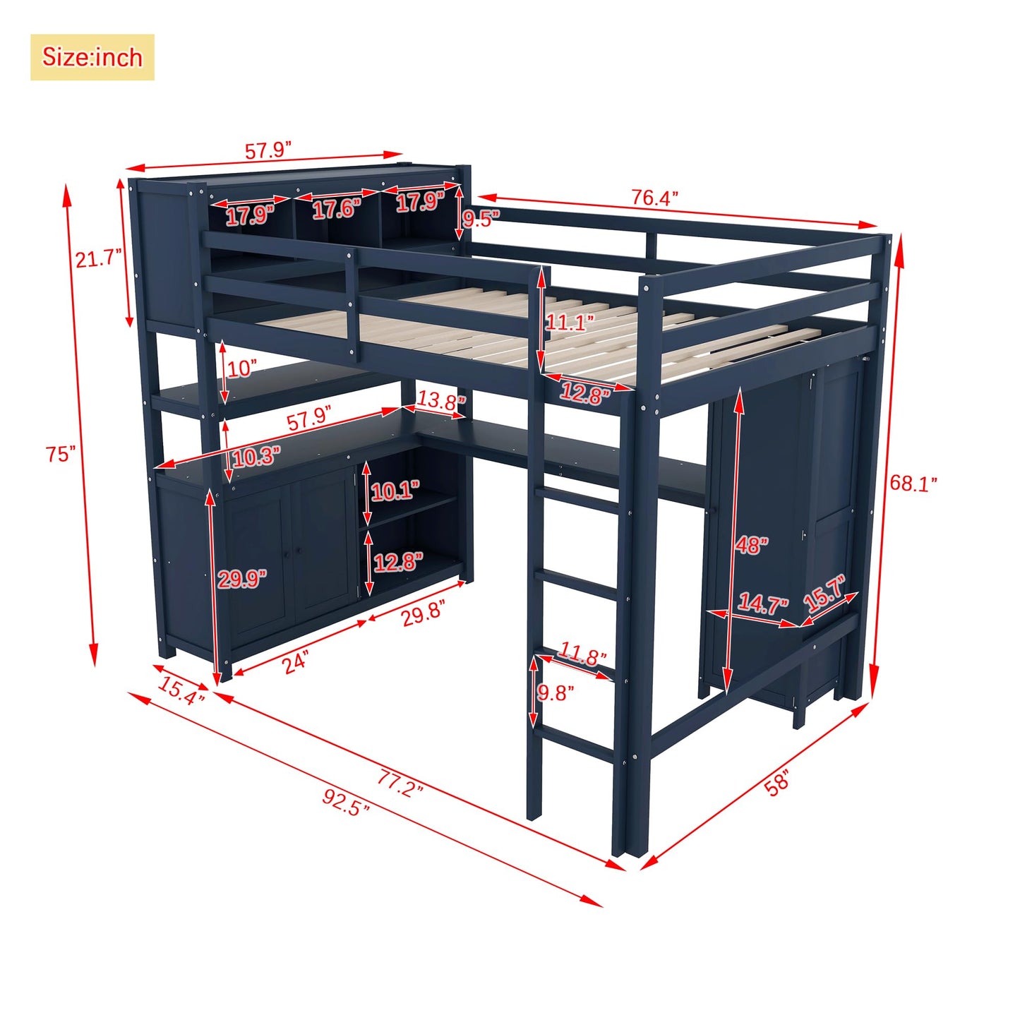 SOFTSEA Full Size Loft Bed with L Shaped Desk, Wood Loft Bed with Wardrobe, Storage Cabinet and Shelves, High Loft Bed Frame with Storage Headboard for Kids Teens Adults, Dark Blue