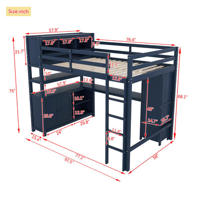 SOFTSEA Full Size Loft Bed with L Shaped Desk, Wood Loft Bed with Wardrobe, Storage Cabinet and Shelves, High Loft Bed Frame with Storage Headboard for Kids Teens Adults, Dark Blue