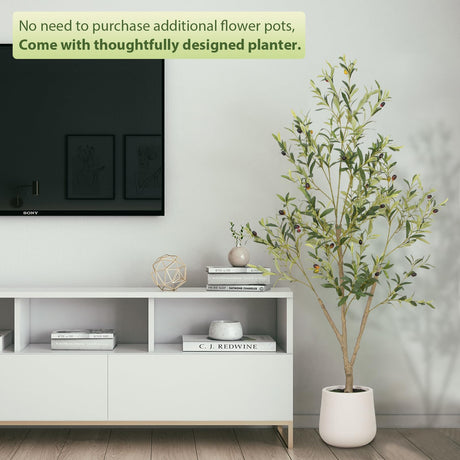 VIVATREES Olive Trees Artificial Indoor, 6FT Tall Faux Olive Tree with White Tall Planter, Artificial Plants with Natural Wood Trunk and Lifelike Fruits for Home Office Decor VIVATREES