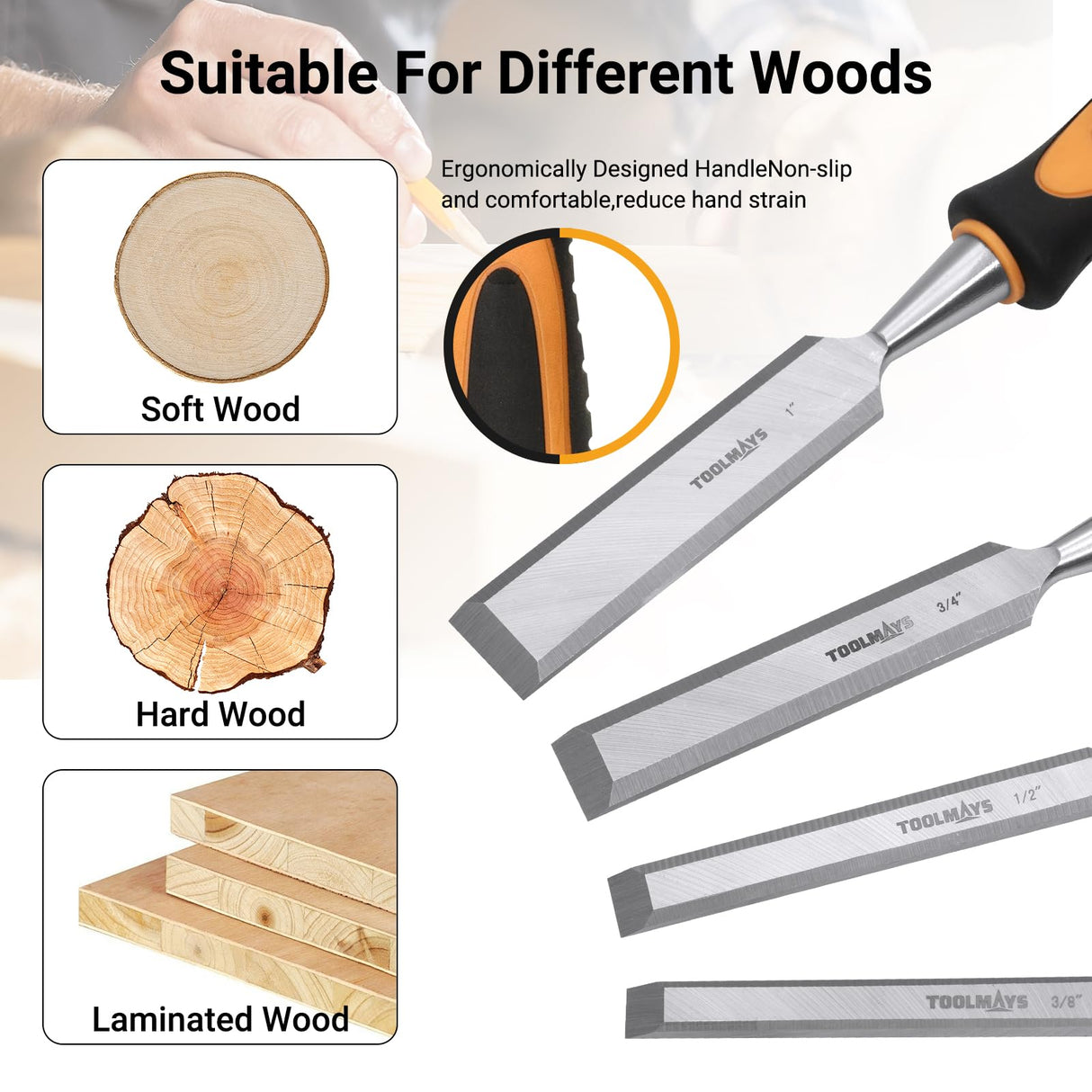 4-Piece Wood Chisel Set, Carbon Steel Blades with Ergonomic Handle, 3/8" 1/2" 3/4" 1" for Woodworking, Durable Metal Strike Cap (5-inch Handle for Comfortable Grip) TOOLMAYS