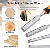 4-Piece Wood Chisel Set, Carbon Steel Blades with Ergonomic Handle, 3/8" 1/2" 3/4" 1" for Woodworking, Durable Metal Strike Cap (5-inch Handle for Comfortable Grip) TOOLMAYS