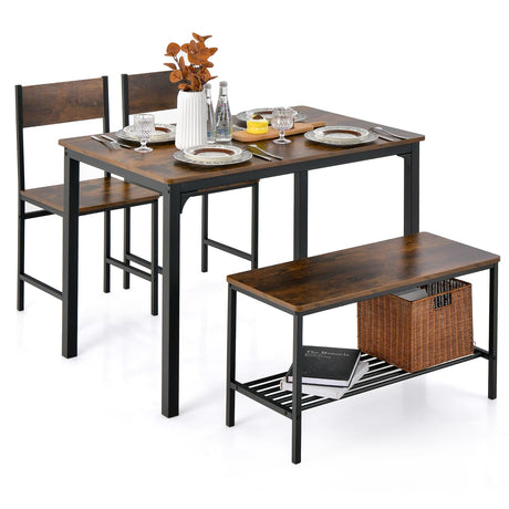 Giantex Dining Table Set for 4, Kitchen Table with Bench and Chairs, Industrial Gathering Bench Dining Set W/Metal Frame & Storage Rack, Dinette Set, Modern Functional Desk Set (Coffee) Giantex