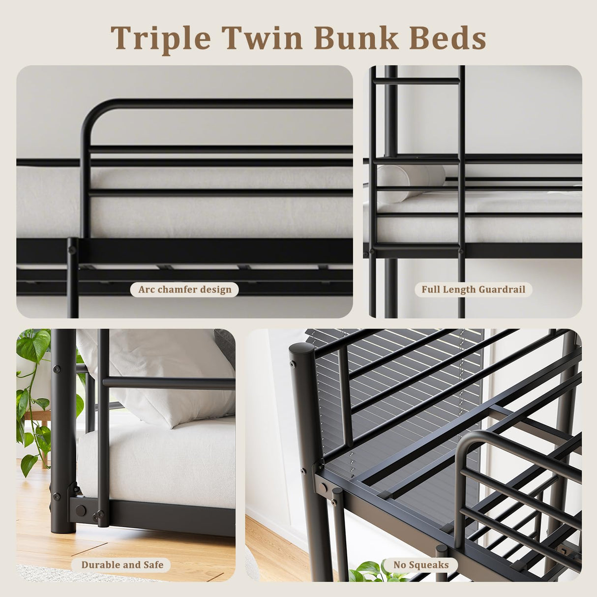 AYJOIR Heavy Duty Triple Bunk Bed, Twin Over Twin Over Twin Metal Bunkbeds with Ladder, Family-Friendly for All Ages, Bedroom, No Box Spring Needed, Easy Assembly, Black AYJOIR