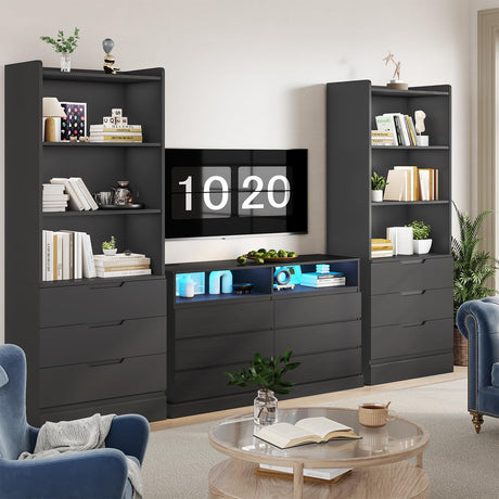 DICTAC Bookcase Set of 2 with 3 Drawers 73.23'' Bookshelf Storage Cabinets with Shelves and Drawers Kitchen Pantry with Microwave Stand,Storage Organizer for Living Room,Office,Study,Bathroom DICTAC