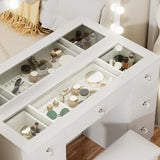 VOWNER Vanity with Lighted Mirror - Makeup Vanity Desk with Glass Top, 7 Drawers and Power Outlet, 3 Color Lighting Modes Adjustable Brightness, 44" Vanity Table with Stool for Women Girls, White VOWNER
