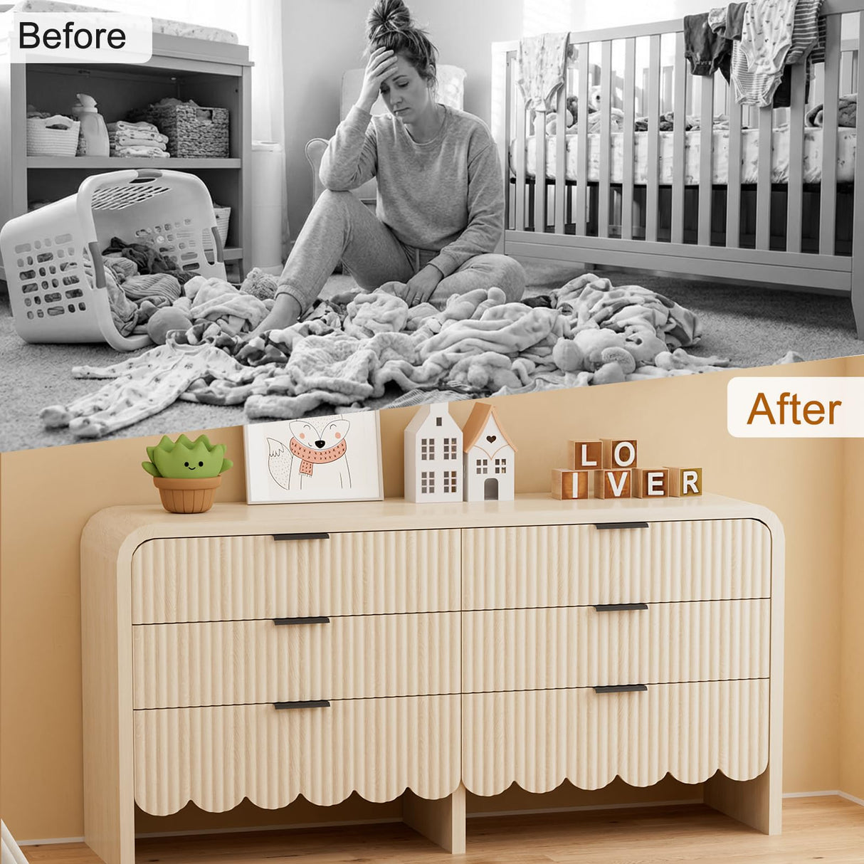 CLLASOU 6 Drawer Dresser for Bedroom, Wood Storage Dresser with Drawers and Metal Handle, Fluted Dressers TV Stand, Modern Closet Chest of Drawers for Bedroom (Beige) CLLASOU