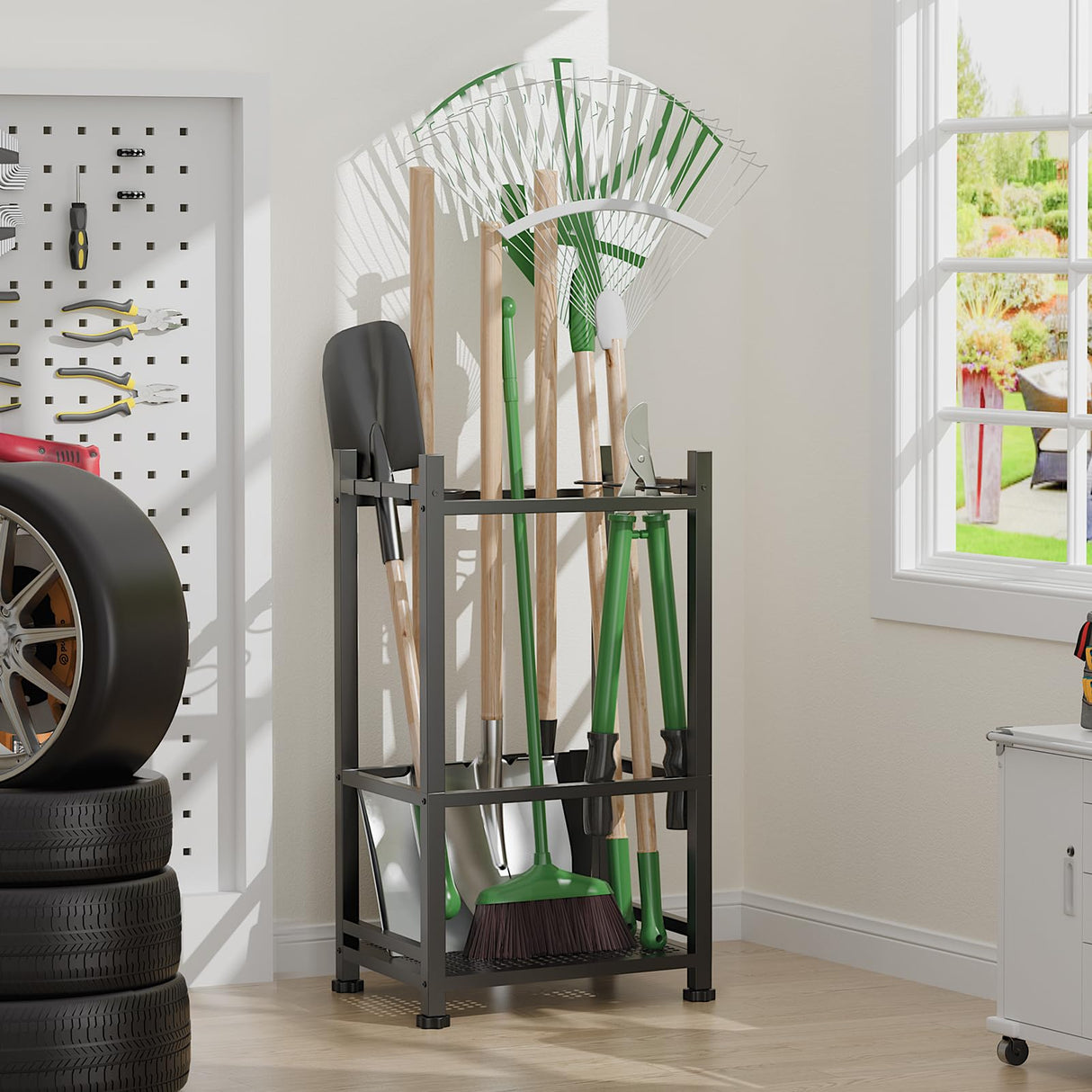 Dirza Garden Tool Organizer,Yard Tool Organizer for Garage Organization and Storage,Garden Tool Rack with 9 Loops for Garage, Shed, Outdoor,Easy Take Out and Storage,Will NOT tip over Dirza