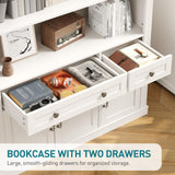 RALGEND 73.2" Tall Farmhouse Arched Bookshelf with Drawer and Door, 6 Tier Mid Century Modern Book Shelf and Bookcase with Storage, Floor Standing Display Cabinet for Living Room, Home Office, White RALGEND