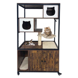 Litter Box Furniture Cat Tree with Litter Box Enclosure, Wooden Metal Frame Hidden Cat Washroom on Wheels with Hammock, Scratching Mat & Post,Fit Most Litter Box Retro Brown Hipicute