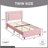 Twin Bed Frame with Headboard, Faux Leather Upholstered Bed with Diamond Tufted Design, Princess Twin Bed Frames for Kids, No Box Spring Required, Easy Assembly, Pink BarnFurin