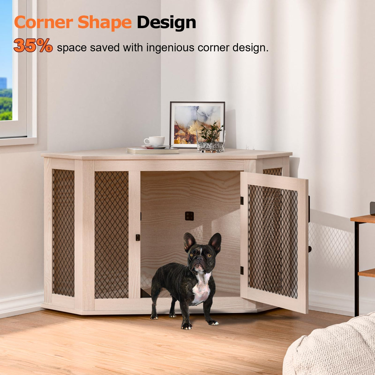 VENDORZ Corner Dog Crate Furniture, 44" Wooden Dog Kennel Furniture End Table with Mesh, Dog Kennel Indoor Furniture for Small Medium Dogs, Modern Decorative Wood Pet House Dog Cage Crate, White VENDORZ