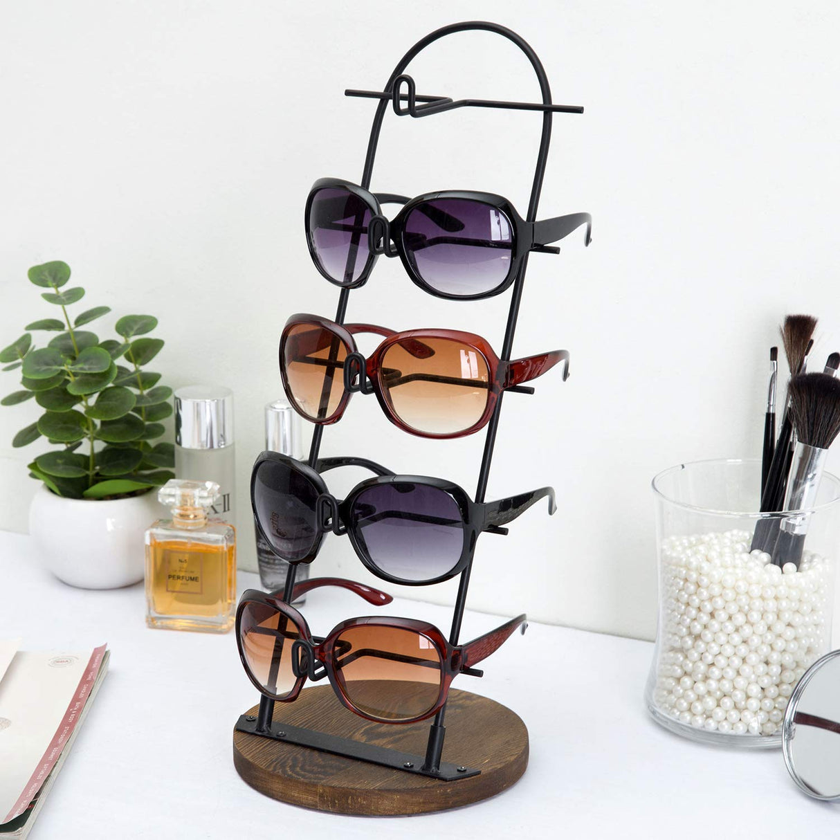 MyGift 5 Tier Black Metal Sunglasses Display Stand Rack Jewelry Organizer Holder for Sunglasses, Eyewear, Glasses with Round Burnt Wood Base MyGift