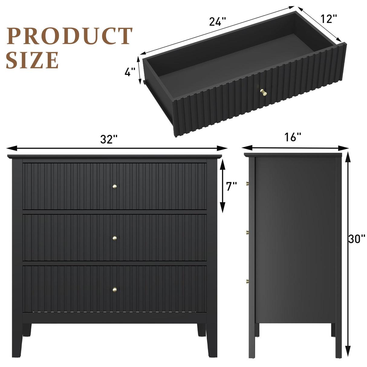 RoyalCraft 3 Drawer Dresser Set of 2, Fluted Chest of Drawers with Storage, Modern Painted 30 inch Tall Nightstand for Bedroom Living Room Entryway, Black RoyalCraft