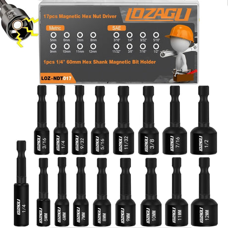 LOZAGU 17PCS Magnetic Nut Driver Set | SAE and Metric | Premium Impact Power Hex Nut Driver Drill Bit Master Kit | 1/4 Inch Hex Shank | Cr-V Steel (17PCS Magnetic Nut Driver (Short)) LOZAGU