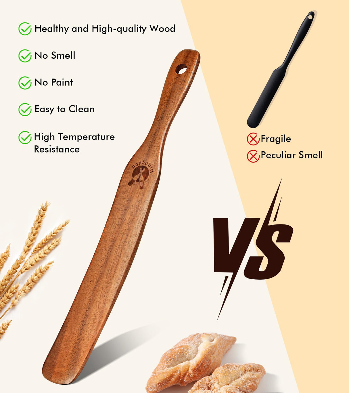 Skinny Spurtle for Sourdough Starter, Mixing, Reaching Bottom of Jar, Dough Whisk, Natural from High Moist Resistance Teak, Spurtles Kitchen Tools Wooden Kitchen Utensils for NonStick Cookware ICSTI