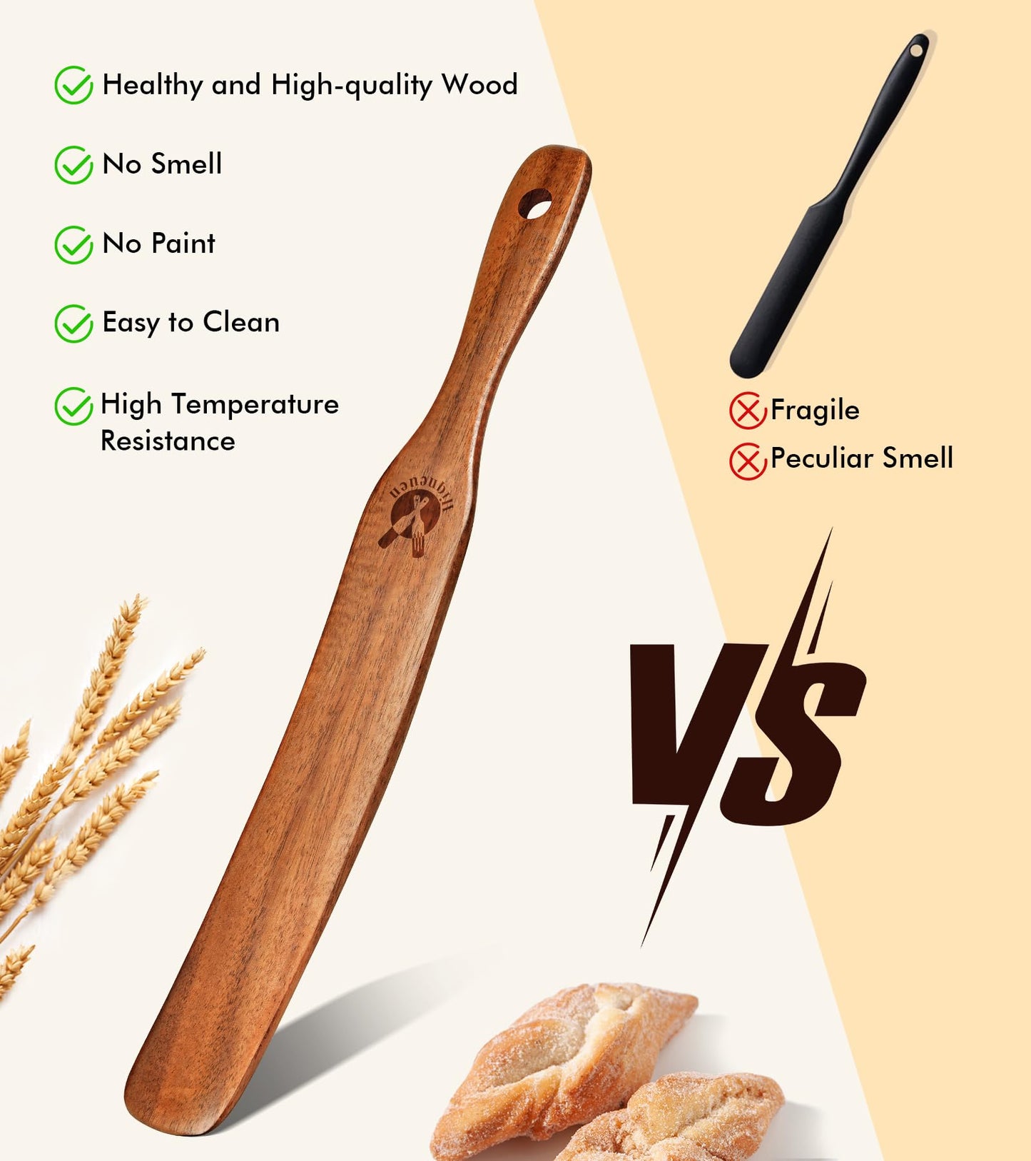 Skinny Spurtle for Sourdough Starter, Mixing, Reaching Bottom of Jar, Dough Whisk, Natural from High Moist Resistance Teak, Spurtles Kitchen Tools Wooden Kitchen Utensils for NonStick Cookware