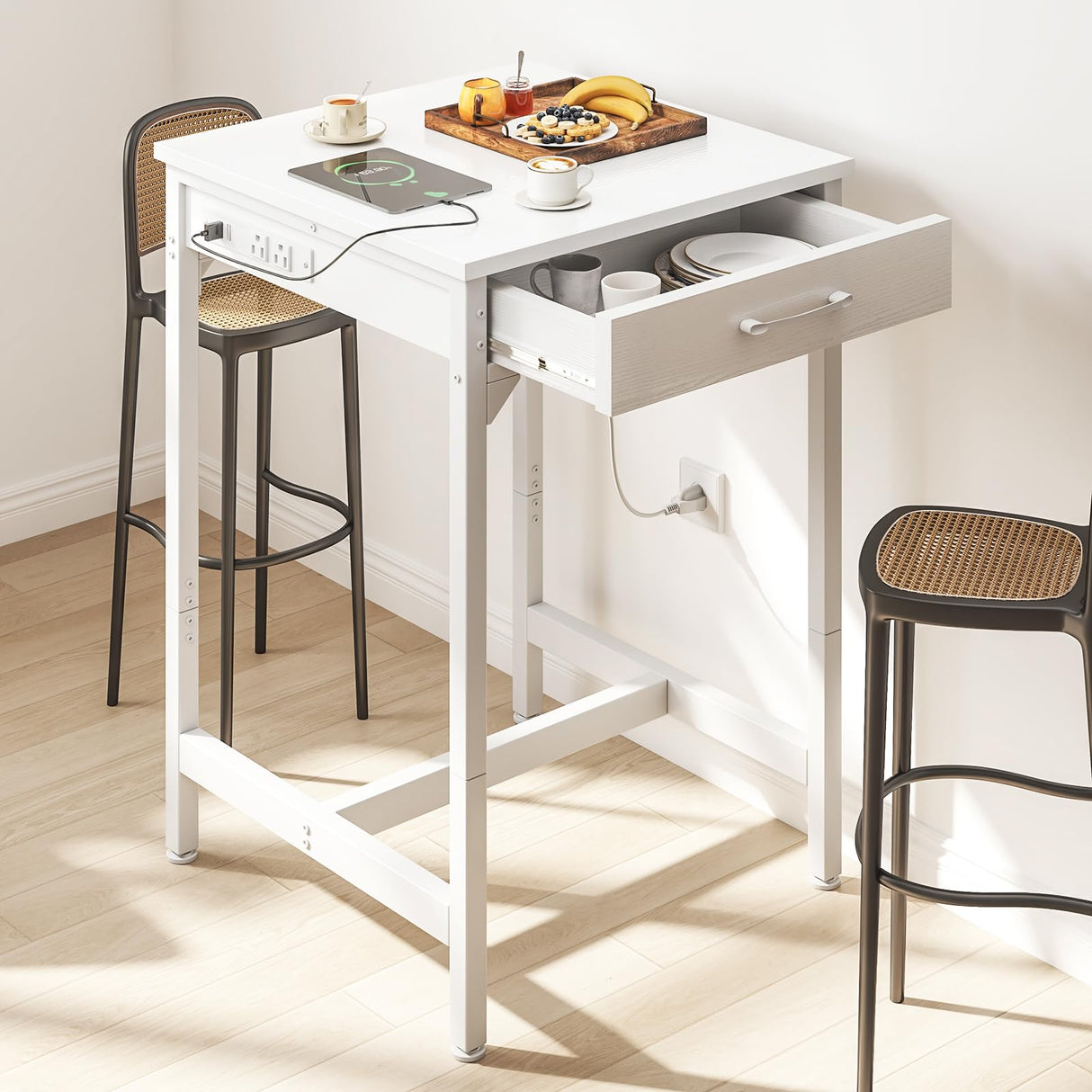 ODK 24x24 Inch Bar Table with Power Outlets & Storage, Modern Counter Height Pub Table with Sturdy Legs for Kitchen & Dining, High Top Console Indoor Table, White ODK