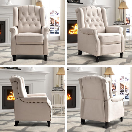 EBELLO Pushback Recliner Chair, Fabric Armchair Push Back Recliner with Rivet Decoration, Mid Century Wingback Accent Chair for Living Room, Bedroom, Beige EBELLO