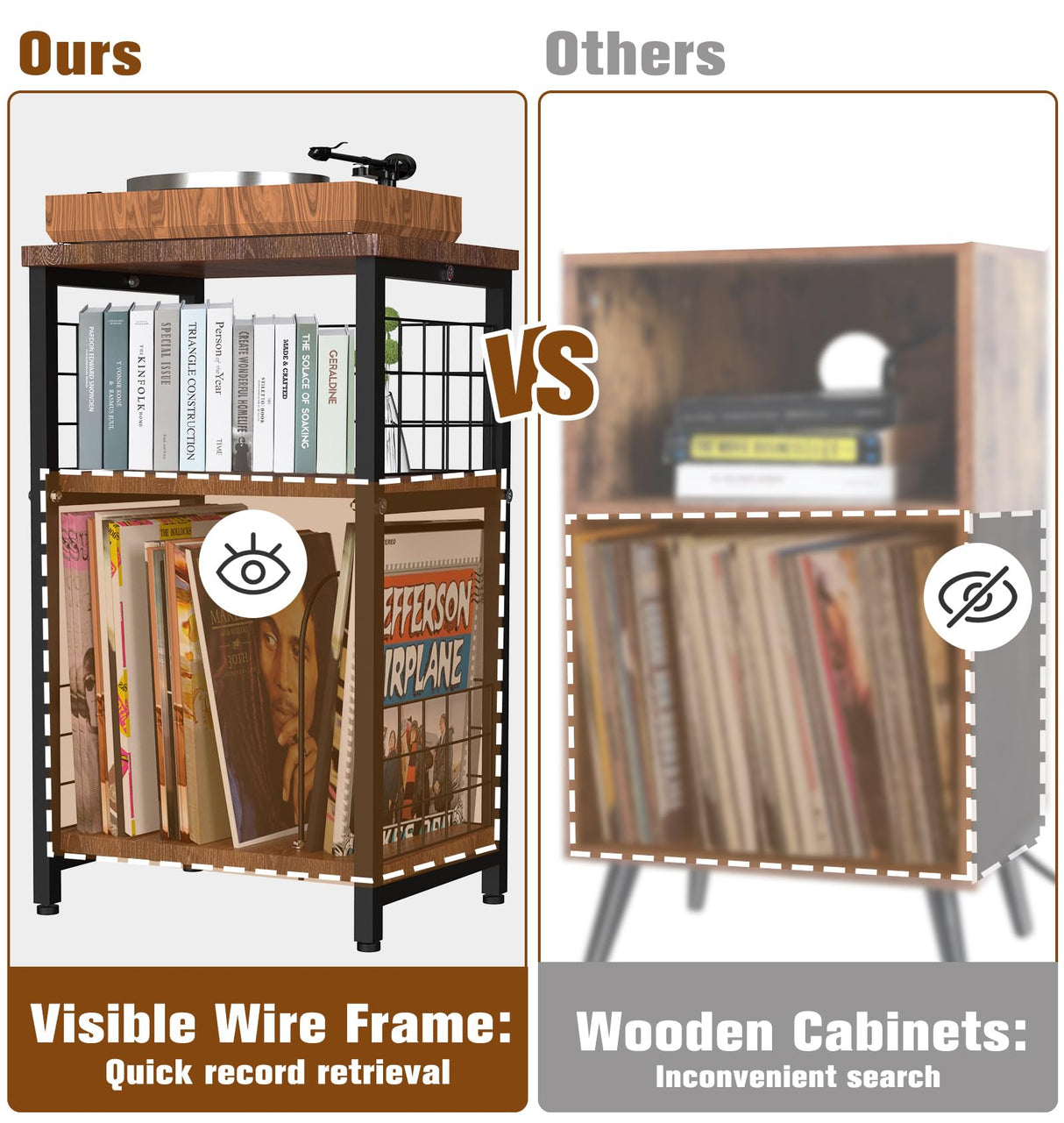 Tuohours Record Player Stand, 3 Tier End Table with Double Layer Iron Wire Mesh Turntable Stand Vinyl Record Table Storage Up to 100 Albums, Nightstand Small Side Table for Living Room Bedroom, Black Tuohours