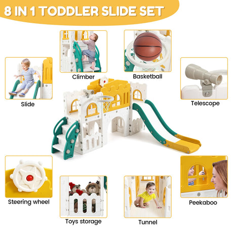 GAOMON 8 in 1 Toddler Slide Indoor Playground, Indoor Slide Toddler Playset for Toddlers 1-3, Kids Outdoor Playground with Slide, Basketball Hoop, Climber, Crawling Tunnel, Telescope, Toy Storage GAOMON