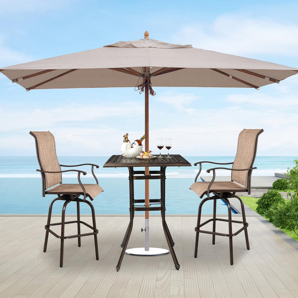 VINGLI Cast Aluminum Patio Bar Table, 42" Height High Top Outdoor Bar Table with Umbrella Hole, Pub Height Bistro Square Table for Paito Lawn Garden VINGLI
