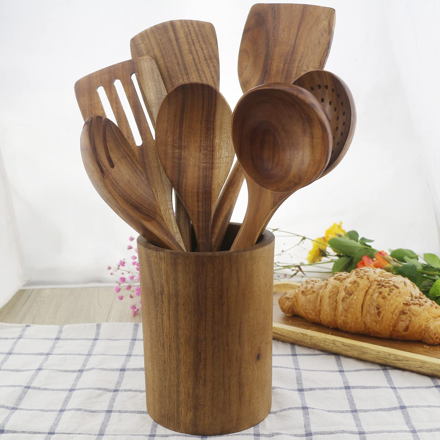 Wooden Spoons for Cooking, ADLORYEA Wood Kitchen Utensils Set, Natural Teak Wooden Cooking Utensils set for Nonstick Cookware, 7-Piece Sturdy Eco-friendly and Healthy Wooden Spatula for Cooki - WoodArtSupply