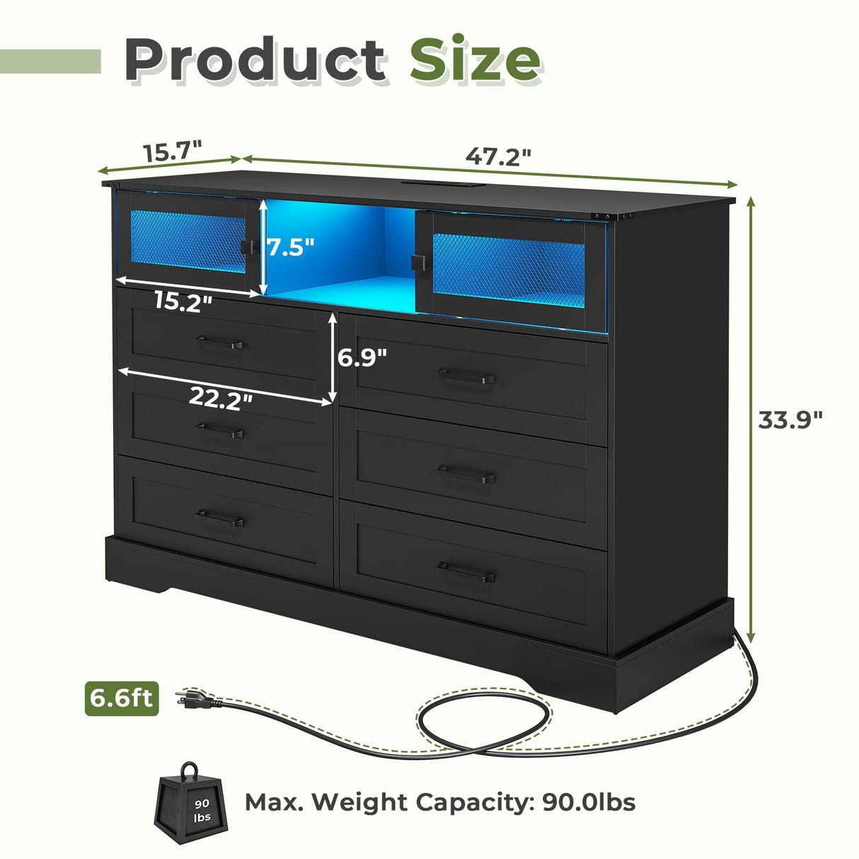 Hasuit 6 Drawers Dresser with LED Lights and Charging Station, Farmhouse Chest of Drawers Closet Organizer, Clothes Storage Cabinet Double Dressers for Bedroom, Living Room, Hallway, Black Hasuit