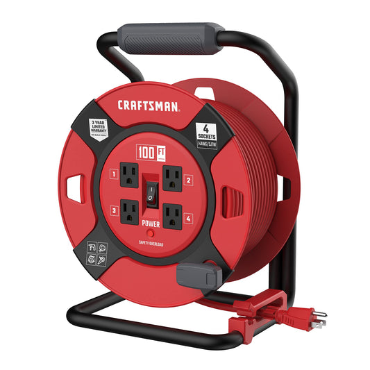 CRAFTSMAN 100 Ft. Retractable Extension Cord Reel With 4 Outlets & Heavy Duty 14AWG SJTW Cable - WoodArtSupply