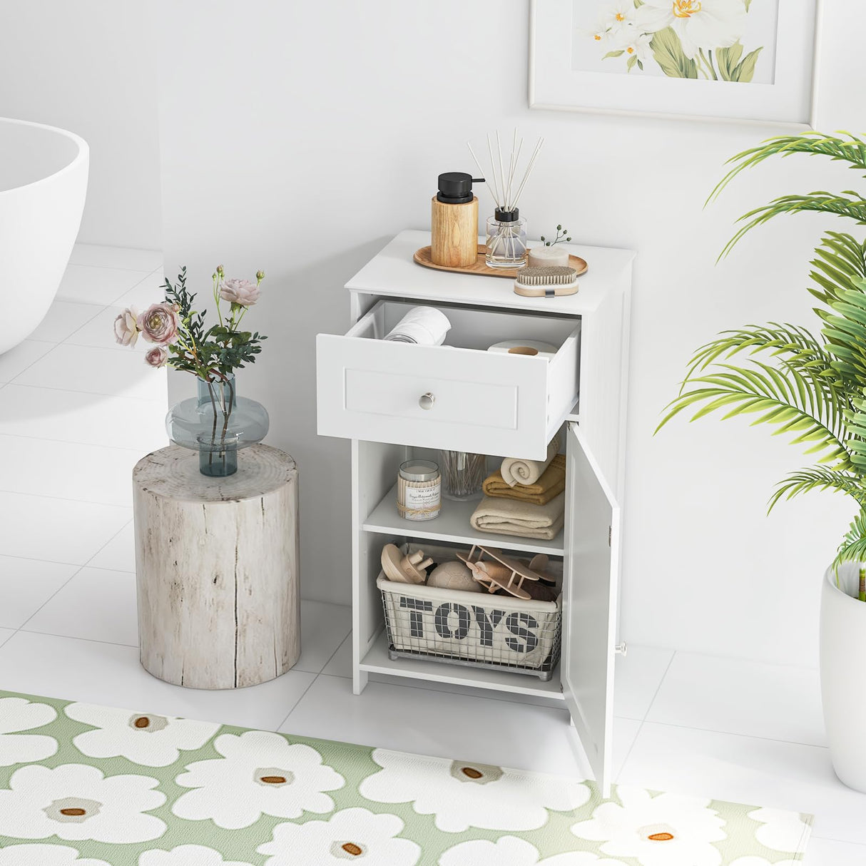 Giantex White Freestanding Storage Cabinet with Drawer and Adjustable Shelf for Bathroom and Living Spaces Giantex