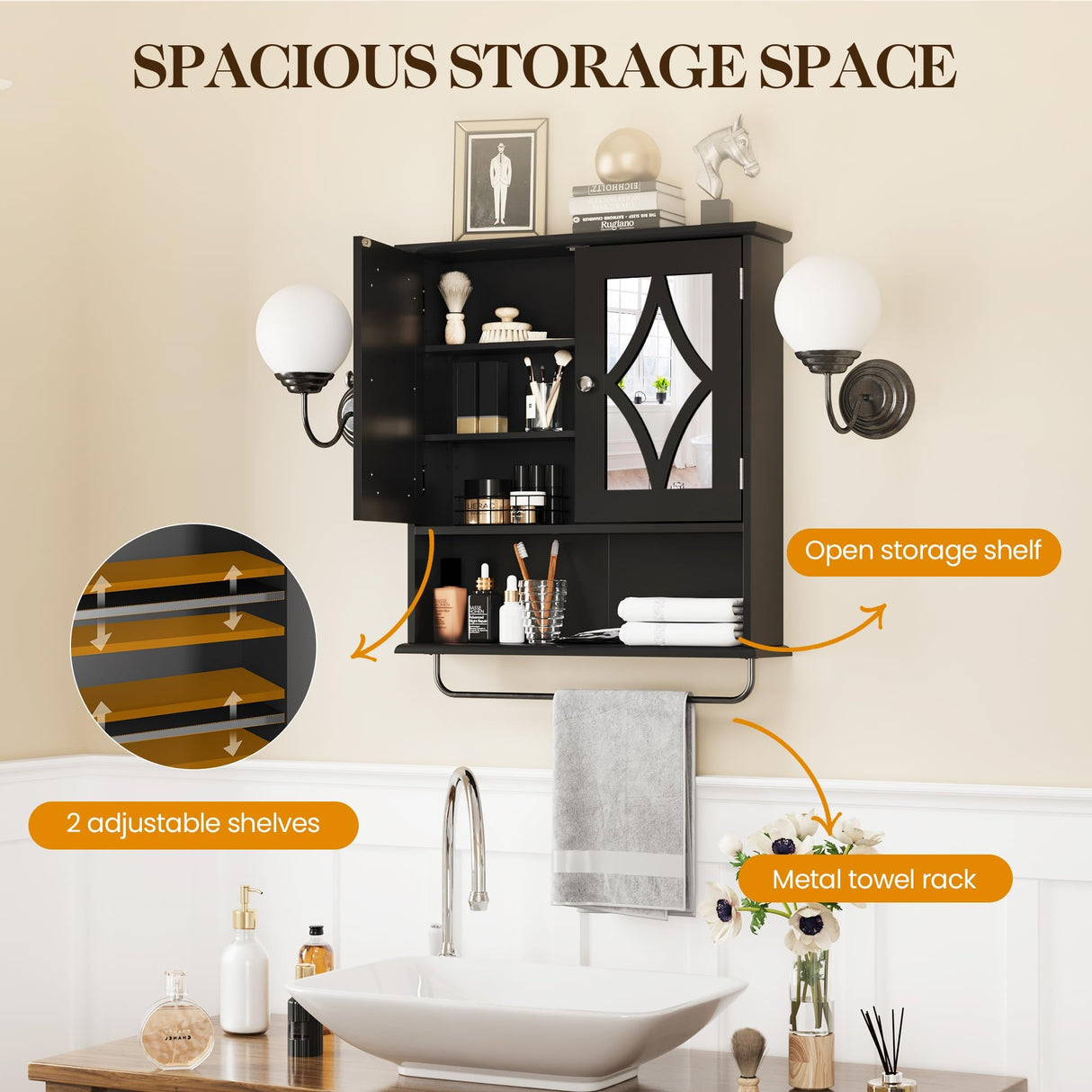 RoyalCraft 22x25 Bathroom Medicine Cabinet with Mirror, Large Wood Wall Mounted Storage Cabinet with Shelves and Towel Bar, Over The Toilet Storage Cabinet for Bathroom, Laundry, Living Room, Black RoyalCraft