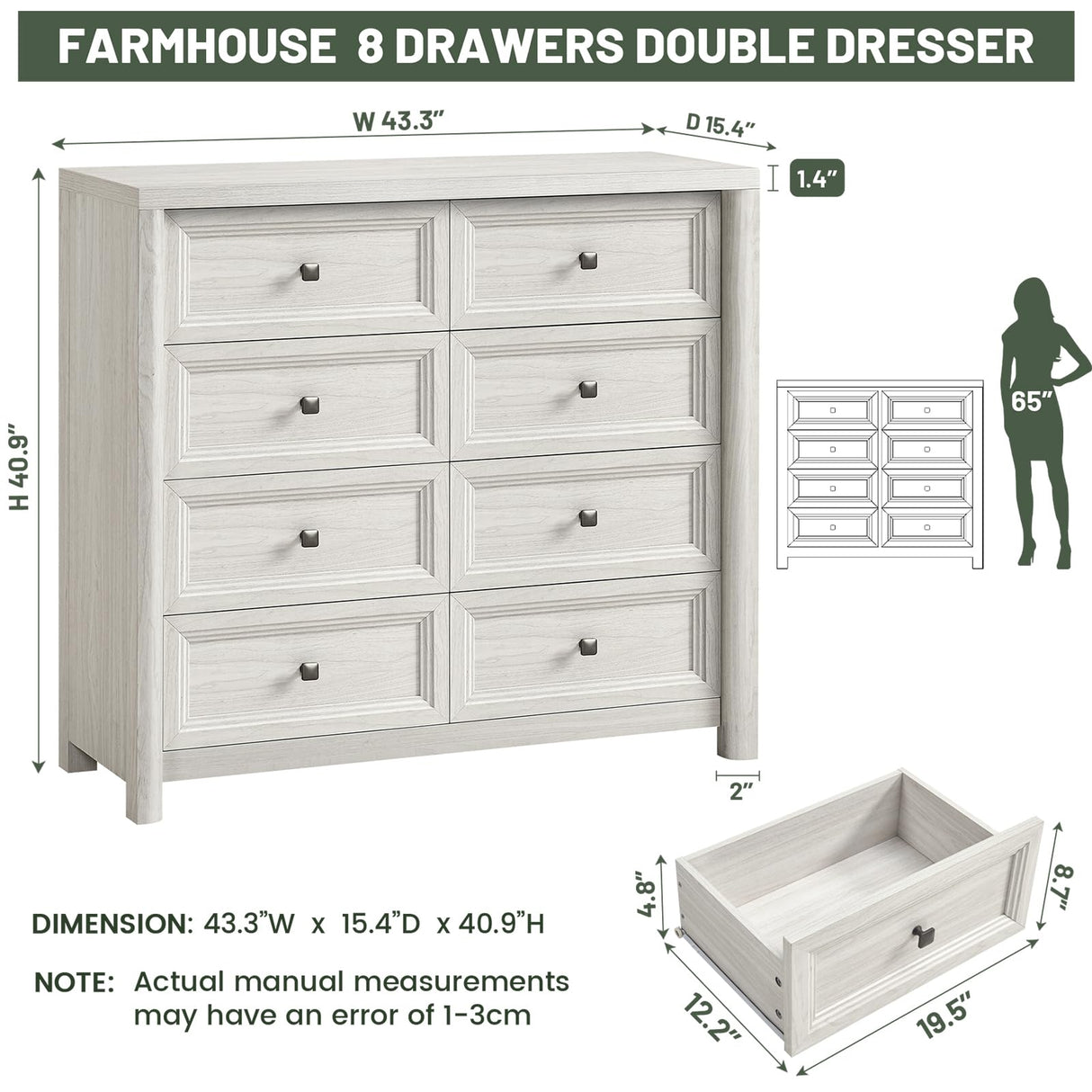 Standifurno Farmhouse 8 Drawers Dresser for Bedroom, 41" Tall Rustic Wood Chest of Drawers with Natural Texture, Metal Handle, White Storage Closet Dressers Organizer for Bedroom, Living Room, Hallway Standifurno