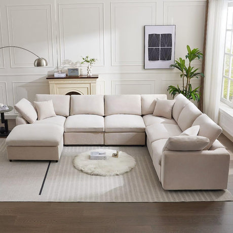 Siiejia Modular Sectional Sofa Modern Oversized Chenille Cloud Couch with Movable Ottoman 7 Seater L-Shaped Sofas Comfy Couches for Living Room Spacious Space Office Lounge, Beige Siiejia