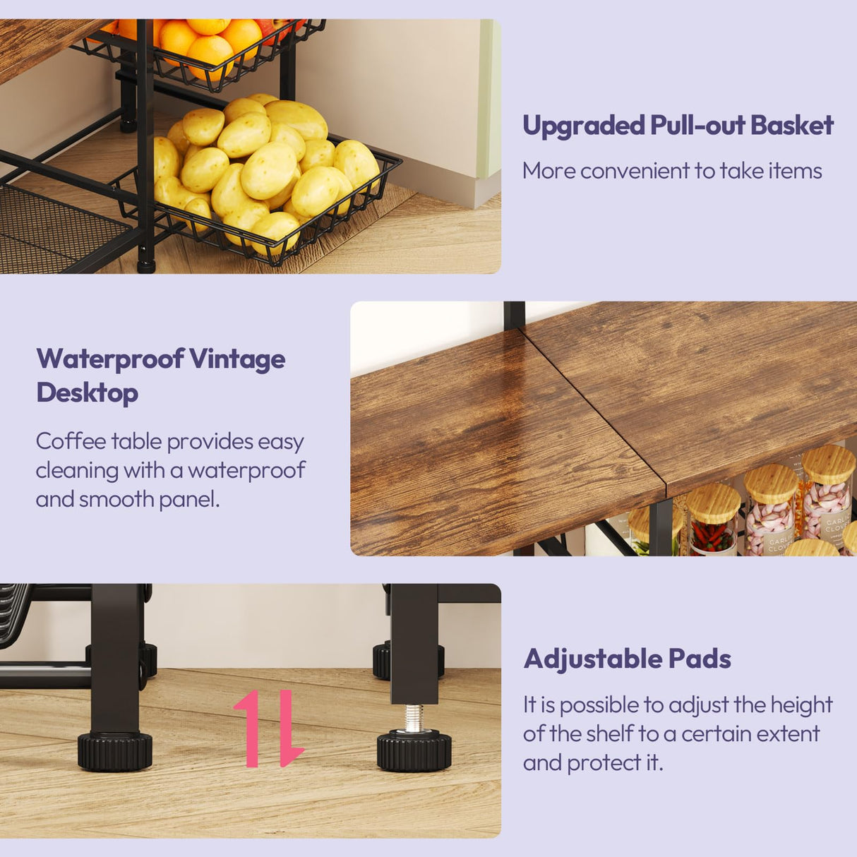 SWTYMIKI Bakers Rack with Storage - Coffee Bar Cabinet with Shelves, Coffee Station Organizer and Kitchen Stand with 8 Hooks, Baskets, Adjustable Feet for Kitchen Dining Room Pantry, Espresso SWTYMIKI