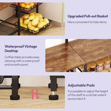 SWTYMIKI Bakers Rack with Storage - Coffee Bar Cabinet with Shelves, Coffee Station Organizer and Kitchen Stand with 8 Hooks, Baskets, Adjustable Feet for Kitchen Dining Room Pantry, Espresso SWTYMIKI